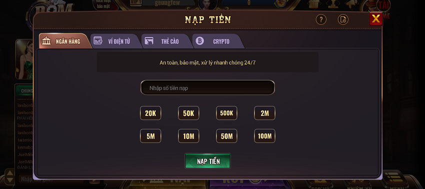 Phương thức nạp tiền đa dạng tại Bomwin